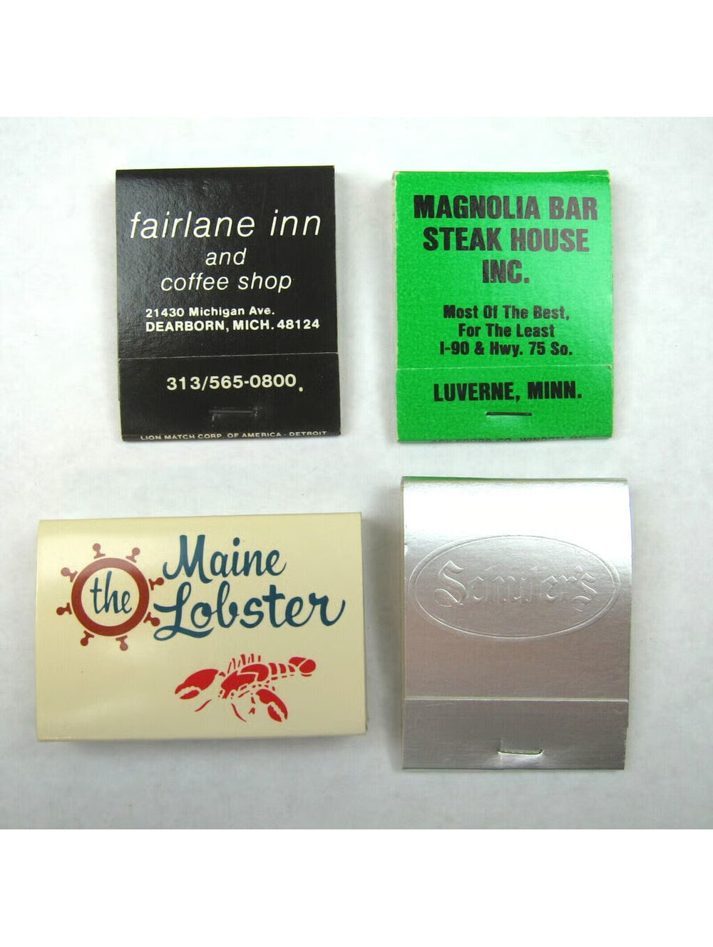 4 Matchbooks Fairlane Inn Schulers Michigan Magnolia Bar Minnesota Maine Lobster